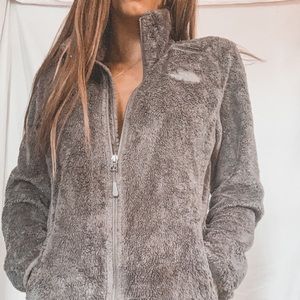 fuzzy grey northface jacket